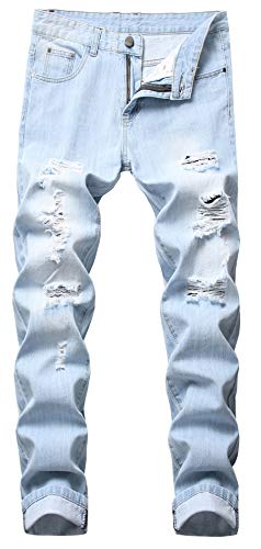 Qazel Vorrlon Men's Straight Light Blue Destroyed Ripped Skinny Denim Jeans Size 40,QW958