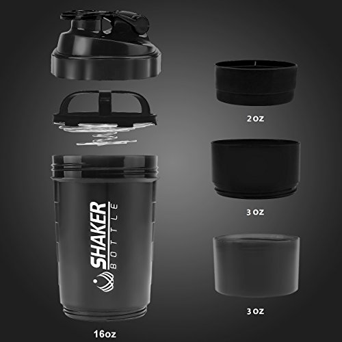 VIGIND 2 Pack 22 OZ Protein Shaker Bottles Fitness Sports Nutrition Supplements Mix Shake Bottl with 16oz Shaker Bottle and 3-Layer Twist Lock Storage, 100% BPA-Free Leak Proof (Black+Blue)