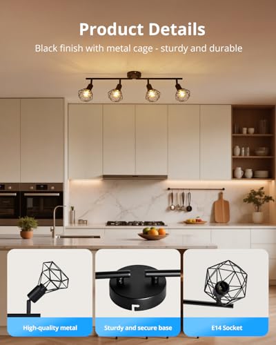 Gr4tec Spot Lights Ceiling 4 Way, Retro Kitchen Lights Ceiling E14, Black Ceiling Light Fittings, Adjustable Wire Cage Spotlights Bar for Hallway Bedroom Living Room, Bulb Not Included