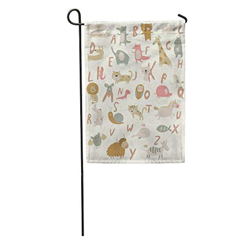Semtomn Garden Flag Baby Zoo Alphabet Cute Animals in Cartoon Elephant Giraffe Unicorn Home Yard House Decor Barnner Outdoor Stand 28x40 Inches Flag
