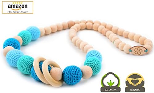 Teething Necklace Wood for Baby and Mom to Wear. HANDMADE with Wooden Gift Box. Crochet Wooden Breastfeeding Necklace. (Blue)