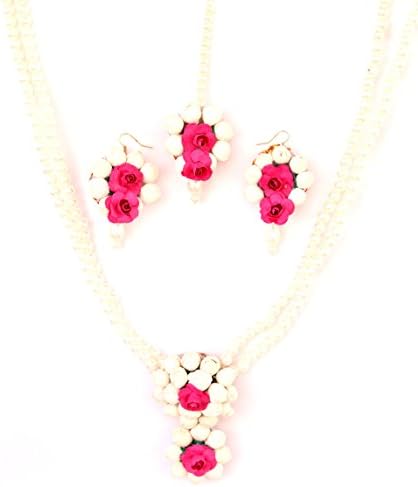 QUVYARTSFloret Mogra Pink Non Precious Metal Flower Jewellery Set with Earrings and Maang Tika for Women