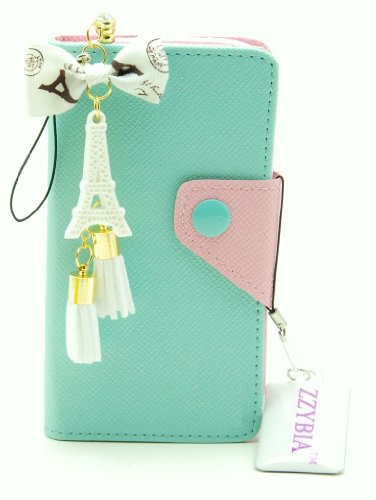 ZZYBIA S3 LMZT Mint Leatherette Case Card Holder Wallet with Eiffel Tower Fringed Dust Plug Charm for Samsung Galaxy S3 III I9300 I9305