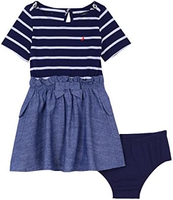 Nautica Baby Girls' Combination Dress With Chambray Skirt, Medium Navy, 18 Months