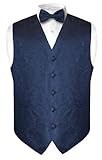 Vesuvio Napoli Men's Paisley Design Dress Vest & Bow Tie NAVY BLUE Color BOWTie Set