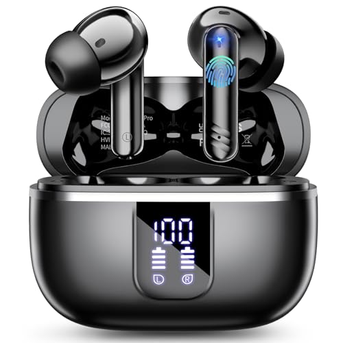 Wireless Earbuds, 2026 Bluetooth 5.4 Headphones with 4 Noise Cancelling Mic, 46H In-Ear Buds with 3D Bass Stereo, Small Ears, LED Display, Calls Sports Workout, IPX7 Earphones for Android iOS. Black