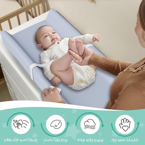 Baby Changing Pad, PU Waterproof Diaper Changing Mat with Safety Strap, وسادة تغيير حفاضات الأطفال Portable Diaper Changing Pad, Breathable Contoured Changing Table Pads for Infant, 31.25"X16", Blue