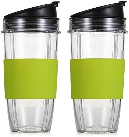 SUP Replacement Parts for Nutri Ninja Blender, 24oz Multi-Serve Cup and Sip & Seal Lid with Silicone Sleeve for Nutri Ninja Blender Auto IQ 1000w(Green, 2 Pack)