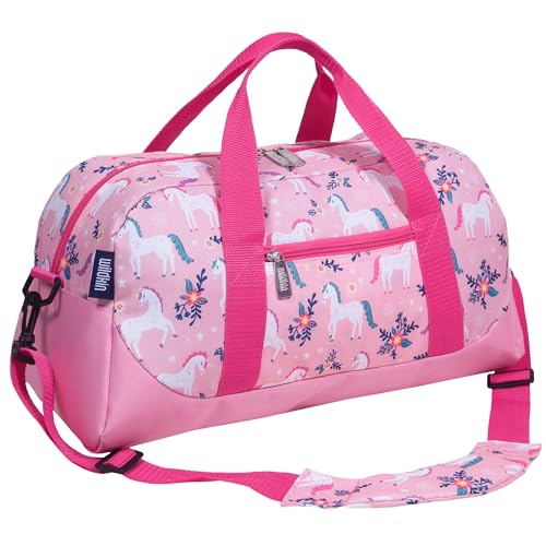 Wildkin Kids Overnighter Duffel Bag for Boys and Girls, Carry-On Size and Perfect for After-School Practice or Weekend Overnight Travel, Measures 18x9x9 Inches, BPA-free, Olive Kids (Magical Unicorns)