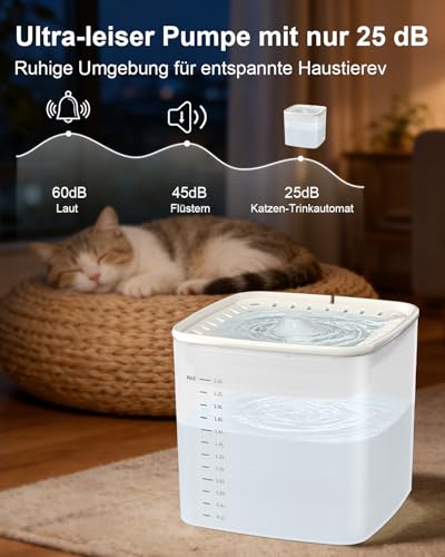 Drinking Fountain for Cat, 3 L Cat Fountain, Quiet Water Pump, Cat Drinking Fountain, Transparent Water Tank with Water Level Indicator, Water Fountain for Cats, Easy to Clean, Includes 2 Filter