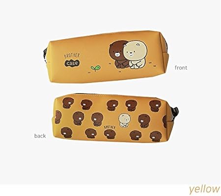 Amazon かわいい クマ キャラクター 韓国 フレーズ ペンケース 化粧品 ポーチ 筆箱 文房具 バッグ マルチポーチ ビッグジッパー 学校 学生 女性 子供 赤ちゃん ホット 使いやすい おしゃれ 黄 Yellow ペンケース 文房具 オフィス用品