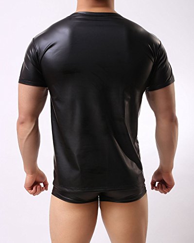 Moda-Sexy-Faux-Leather-T-Shirt-Camicie-Uomo-Sexy-Fitness-Top-Gay-T-Shirt-Tees-Uomo-Stage-T-Shirt-O-Collo-Sexy-Uomo-Abbigliamento-Casual