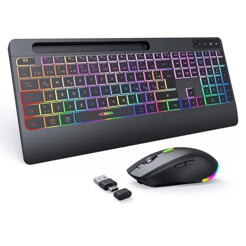 seenda JPX006 Wireless Illuminated Keyboard Mouse Set with USB-A & USB-C Port, Rechargeable, Ergonomic with Mobile Phone Holder & Wrist Rest, Quiet Keys for PC & Mac - QWERTZ Layout