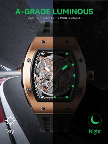 TSAR BOMBA Men's Automatic Watch Skeleton Watch Luxury Barrel Mechanical Watch 50m Waterproof Analog Watch