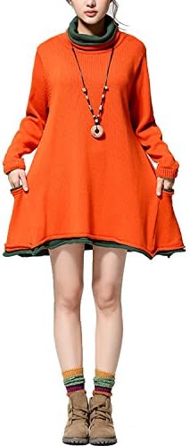 Women's Cotton Turtleneck Sweater Pullover Sweater Loose Fitting Sweater (Orange)
