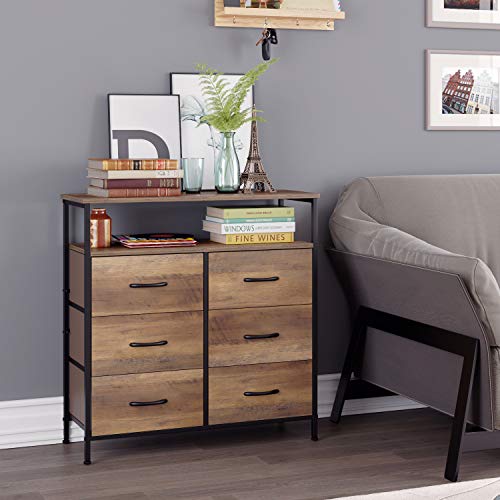 HOMECHO Fabric Dresser Chest with 6 Drawers, Wide Chest of Drawers with 2 Tier Wood Shelves