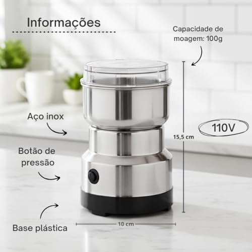 Moedor de Café Elétrico 110V Multifuncional | Moedor de Grãos, Temperos e Sementes | Triturador Rápido e Compacto | Fácil de Usar e Limpar