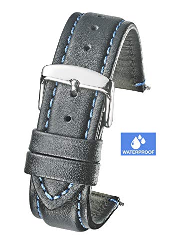 Genuine Waterproof Sporty Padded Leather Watch Band - 20mm - Black/Blue