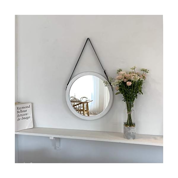April Box White Decorative Hanging Wall Mirror 15 Inch Round Wood Mirror For Hanging Adjustable Leather Strap Premium Wallccessories Your Home For Wall Decor