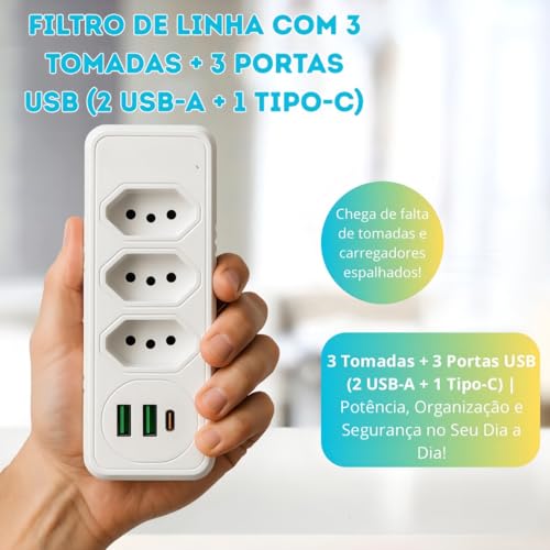 Extensão Tomada,Régua Tomadas, Régua de Energia,Adaptador Tomadaa,Filtro de Linha,Adptador, 3 Tomadas,2 Interfaces USB,1 Porta USB Tipo-C - Qualidade Super Premium