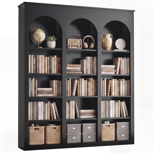 MapleGrace 71" Triple Arched Bookcase, Tall Bookshelf with Shelves, Black