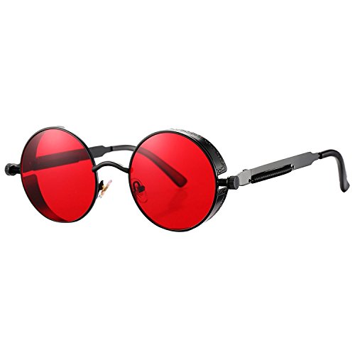 Retro Steampunk Round Sunglasses for Men Women John Lennon Vintage Gothic Circle Sun Glasses (Black Frame/Red Lens)