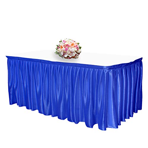 JINSEY 14 ft Shimmer Polyester Table Skirt for Rectangle Tables Ruffle Table Cloth for Wedding, Party, Hotel - Deep Blue