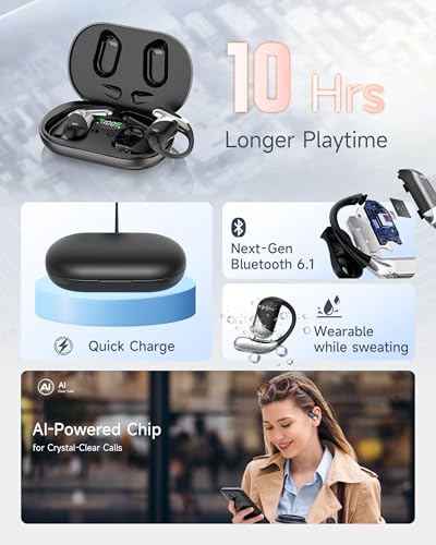 Open Ear Wireless Earbuds, Sports Bluetooth Headphones with Real Time Translation, 80Hrs Playtime with LED Power Display, Noise Canceling Headset, IP55 Waterproof Earphones for Workout/Running Black