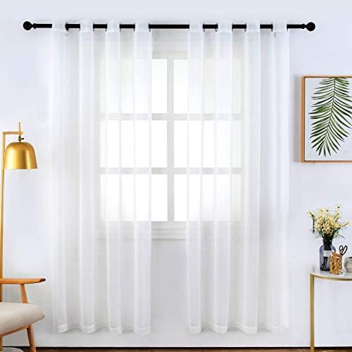 Bermino White Faux Linen Sheer Curtains 54 x 84 inch Voile Grommet Semi Sheer Curtains for Bedroom Living Room Set of 2 Curtain Panels