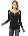 PattyBoutik Women's Long Sleeve Strip Trim Henley Blouse (Black S)