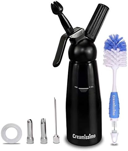 Creamissimo Whipped Cream Dispenser: Professional Cream Whipper 500ml Stylish black with 3 Stainless steel Nozzles, Uses N2O Cartridges (Not Included) comes with a Dual Head Cleaning Brush