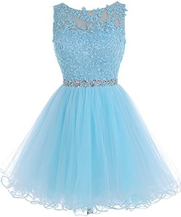 Tideclothes ALAGIRLS Short Beaded Homecoming Dress Tulle Lace Applique Prom Party Gowns