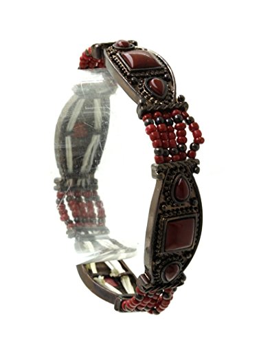 Parisian Chic Bracelet Antique Metal Seed Bead Stretch Natural Stone Textutured Metal Diameter Burgundy
