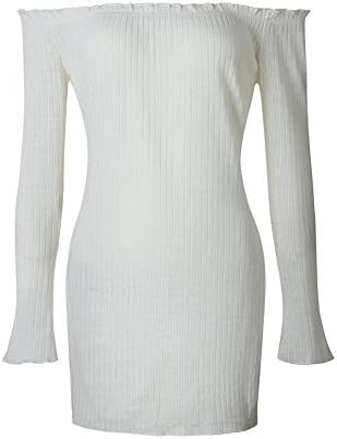 QUNNDY Women Long Sleeve Sexy Off Shoulder Club Dress Slim Bodycon Knitted Sweater Mini Party Night Dresses Vestidos (M, Beige)