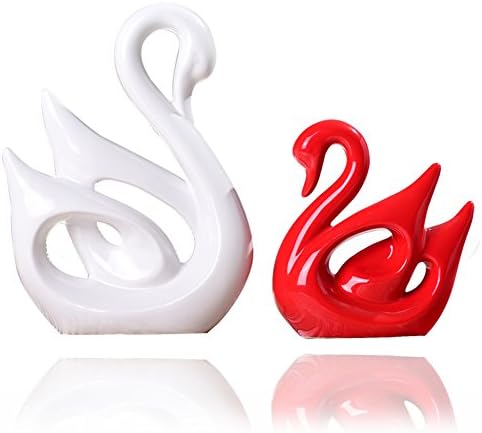 CHAO Set of 2 Swans Figures a Red a White Pottery Figurines Decoration Home Decor Accents Ceramic Statues (Biger White & Small Red)