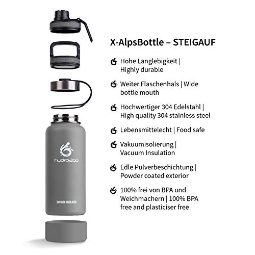 hydro2go ® Edelstahl Trinkflasche X-AlpsBottle - 1000ml / 1l | vakuumisolierte Thermosflasche + 3 Trinkverschlüsse | Auslaufsichere Isolierflasche | doppelwandige Outdoor Sportflasche | Thermoskanne – Bild 7