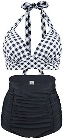 VAN HUIT Retro Pink Black Plaid Print High Waist Two-piece Bikini Swimsuits BkLP XXL