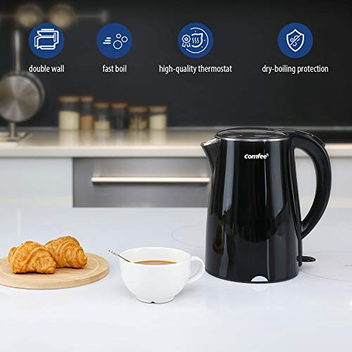 COMFEE' 1.7L Double Wall & Low Noise Electric Kettle with 100% Stainless Steel Inner Pot and Lid. Cool Touch & BPA Free. 1500W Fast Boil. Cordless with Auto Shut-Off & Boil Dry Protection. Black - Thumbnail 5