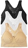 3-Pack Butterfly Lace Back Women's Seamless & Wirefree Comfort Bra with Removable Pads, by Pretty Seamless (XX-Large, Black, White and Nude)