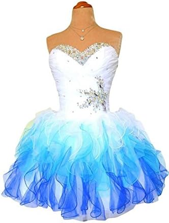 Datangep Women's Ruched Bust Beaded Belt Lace-up Short Homecoming Dress White+Blue US6