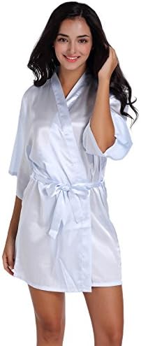 Dressblee Women's Pure Colour Short Satin Kimono Robes with Oblique V-Neck-Light blue-S