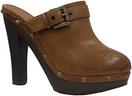 Oki Stun Women's Leatherette Round Toe Faux Wood Studded Wedge Clogs Sandal Shoes (7, Brown-B)