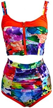 Bright Color Block High Waisted Swimsuit Zipped Summer Beachwear