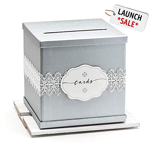 Hayley Cherie - Silver Gift Card Box with White Lace and Cards Label - Silver Textured Finish - Perfect for Weddings, Baby Showers, Birthdays, Graduations - Large Size 10" x 10"