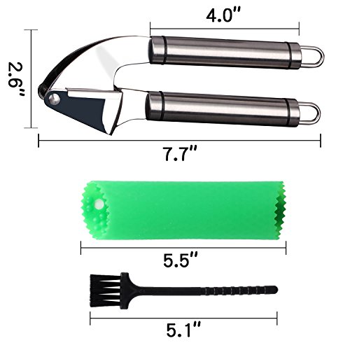 HiramWare Garlic Press, Stainless Steel Garlic Mincer with Peeler and Cleaning Brush, also Called Garlic Crusher or Garlic Squeezer, Dish-washer Safe Kitchen Gadgets, Tube Roller Made of
