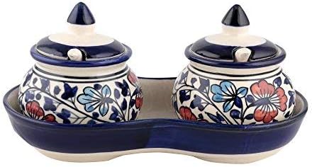 Xclusive Outlet Microwave Safe Ceramic 2 Pickle Jar Set with Lid 2 Spoons, 1 Tray (Multicolour)