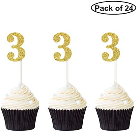 Pack of 24 Number 3 Cupcake Toppers Gold Glitter 3rd Birthday Cupcake Picks Anniversary Party Decor