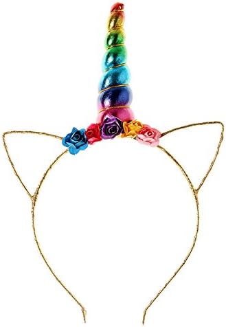 Rainbow Unicorn Headband, HMGOOD Shiny Unicorn Horn Headdress Ears Flower Headband for Halloween Party Birthday Cosplay Costume