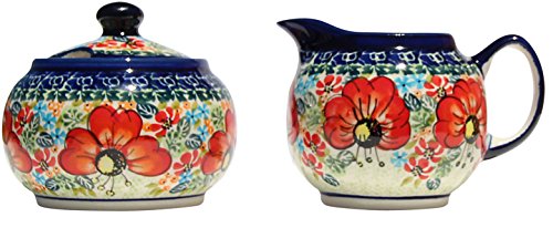 Polish Pottery Sugar Bowl and Creamer From Zaklady Ceramiczne Boleslawiec #694/711-296 Art Unikat Signature Pattern, Sugar Bowl: Height: 3.7" Creamer: Height: 3.4"