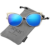 SojoS Fashion Cat Eye Style Metal Frame Women Sunglasses Lady Glasses SJ3163 With Gold Frame/Blue Revo Lens